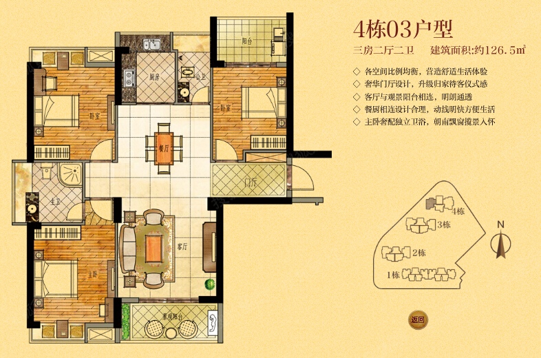 【一期】4栋03户型图-3室2厅2卫-126m