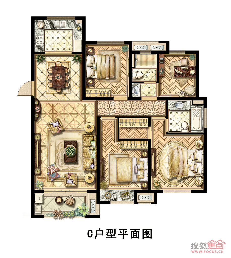 诸暨景瑞御江山约140平米四房两厅两卫c户型户型
