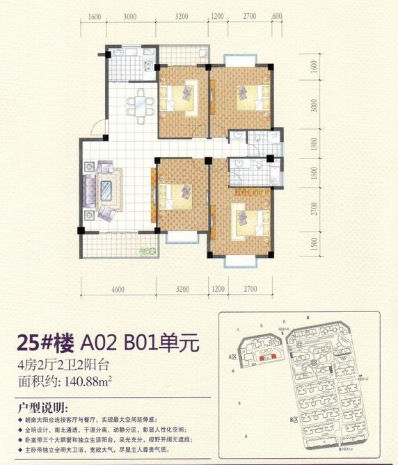 阳光水岸户型图-4室2厅2卫-140m