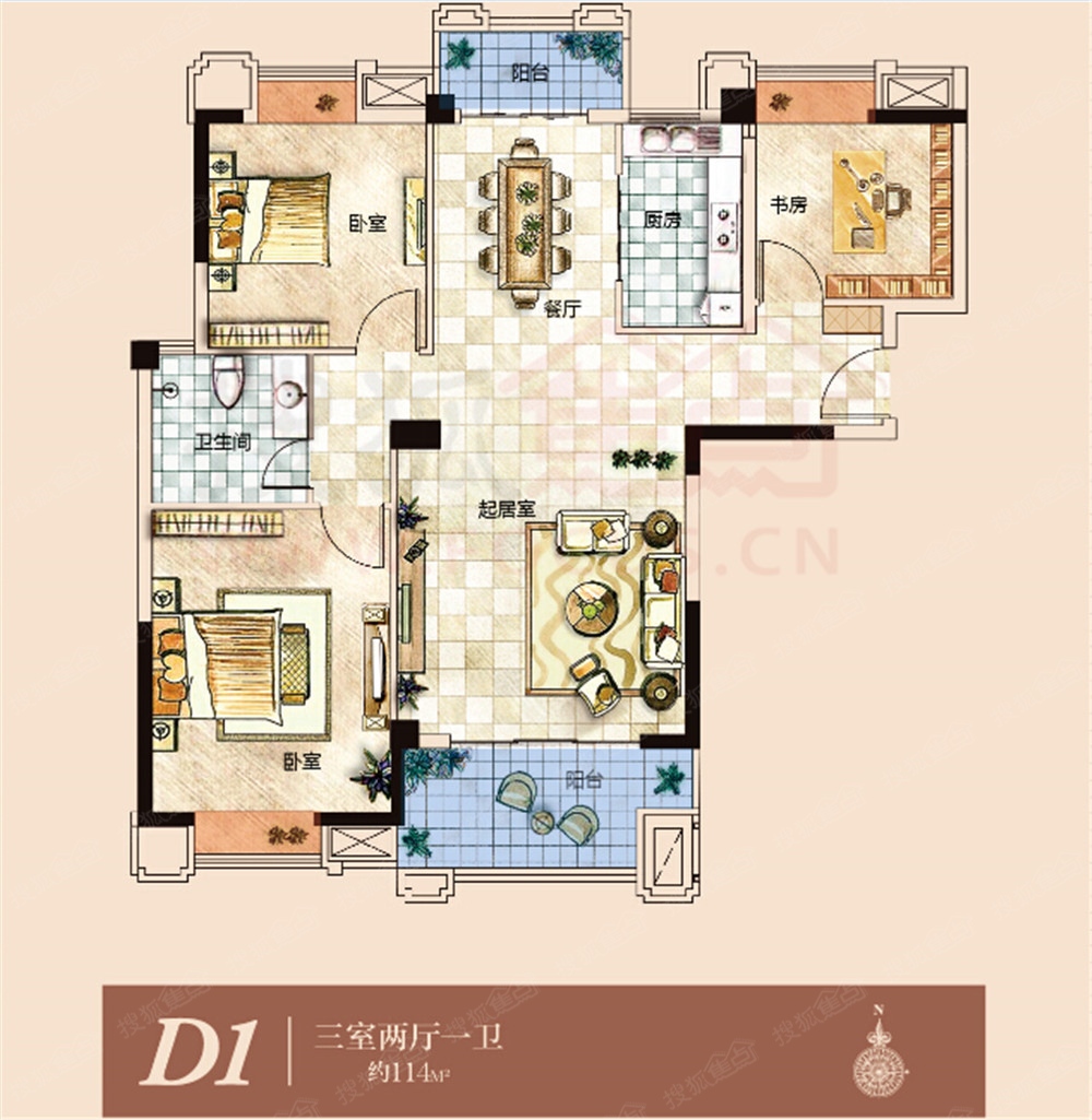 中俊理想城二期户型图-3室2厅1卫-114m
